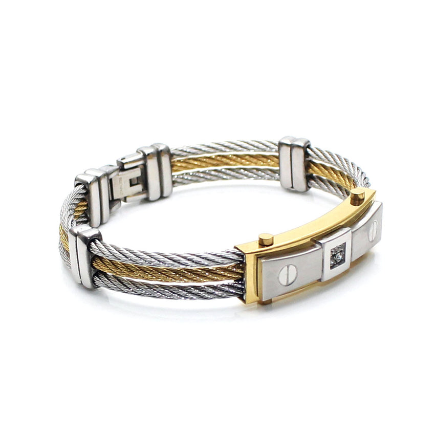 Exklusives Stahlseil-Armband mit goldfarbenen Akzenten und Zirkonia – elegant & zeitlos