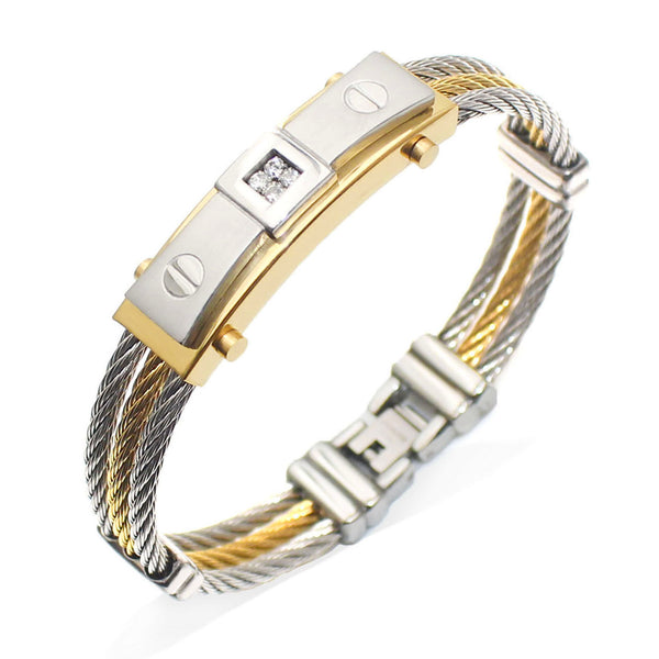 Exklusives Stahlseil-Armband mit goldfarbenen Akzenten und Zirkonia – elegant & zeitlos