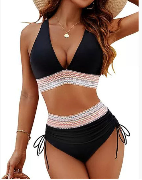 Damen Bikini-Set mit hoher Taille – stilvolles Farbblock-Design