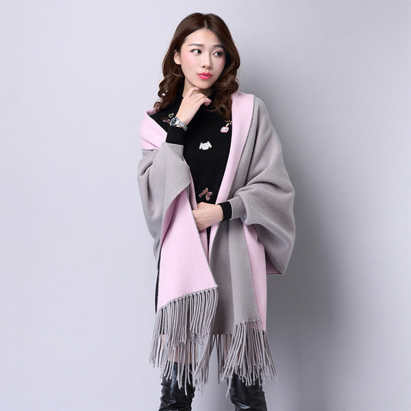 Damen Strick-Cape mit Fransen – Cardigan, Schal & Pullover in einem