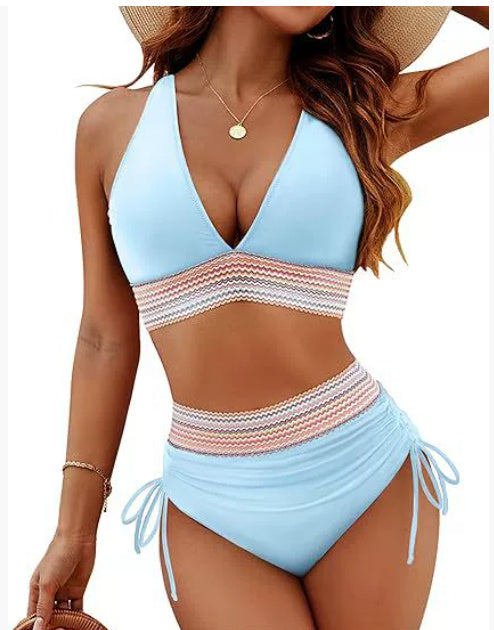 Damen Bikini-Set mit hoher Taille – stilvolles Farbblock-Design