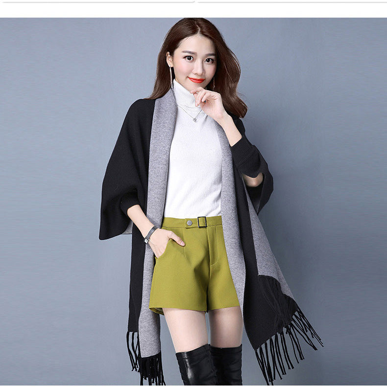 Damen Strick-Cape mit Fransen – Cardigan, Schal & Pullover in einem