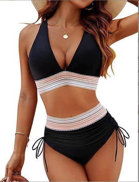 Damen Bikini-Set mit hoher Taille – stilvolles Farbblock-Design